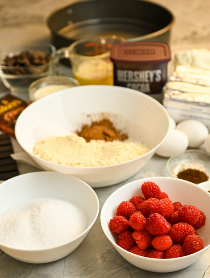 ingredients and tools for keto raspberry chocolate cheesecake