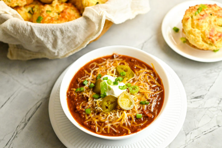 Easy Keto Chili served in a white bowl