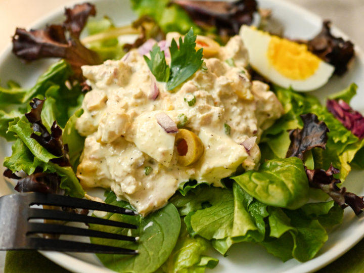 keto tuna egg salad served on a bed of greens