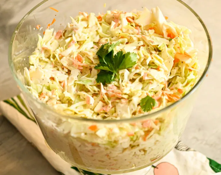 keto coleslaw served in a clear salad bowl