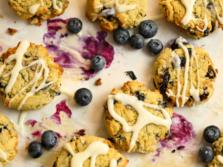 keto-friendly blueberry cookies baked on parchment paper