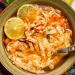 keto Southwestern chicken soup served in a green earthenware