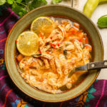 keto Southwestern chicken soup served in a green earthenware