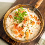 keto bacon chicken chowder served in a ceramic brown bowl