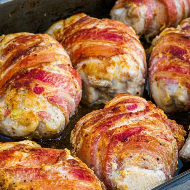 keto bacon wrapped chicken baked in roasting pan