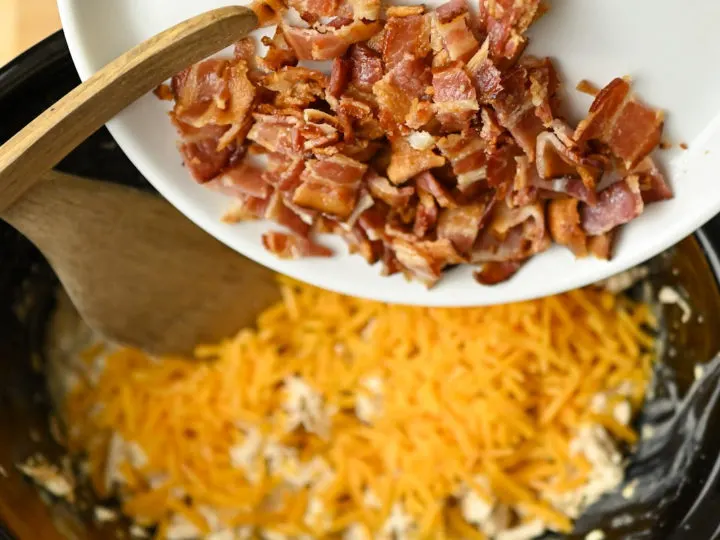 keto chicken bacon chowder being made in a crockpot