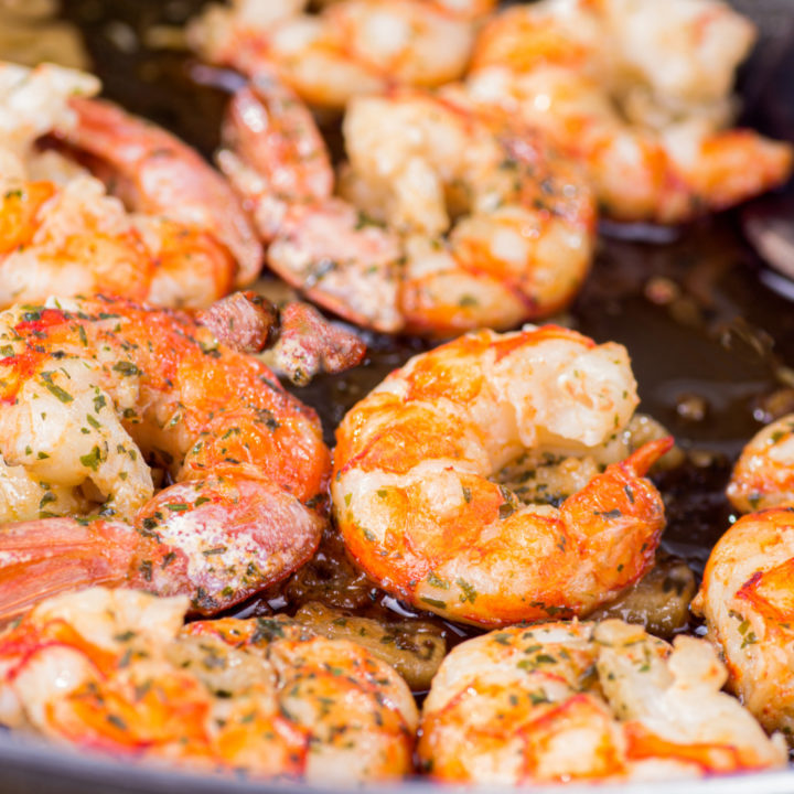 keto shrimp scampi cooked in a skillet