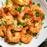 keto shrimp scampi served in a white bowl