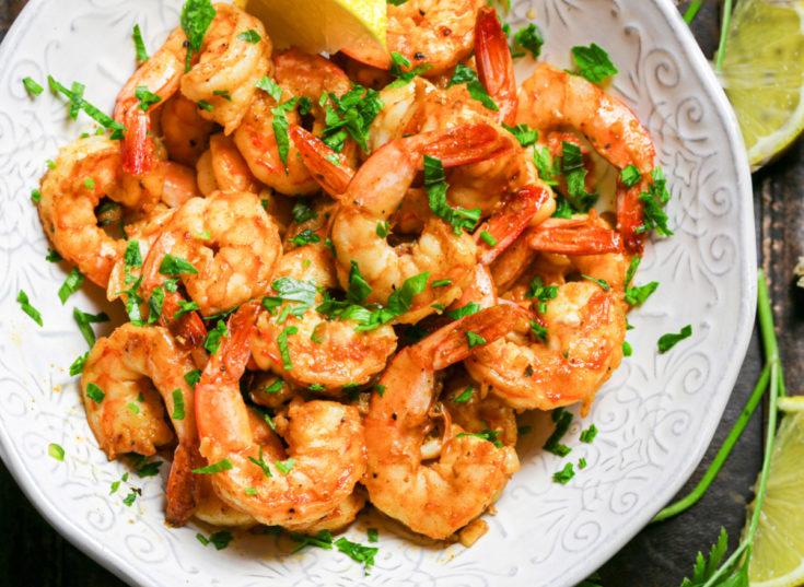 keto shrimp scampi served in a white bowl