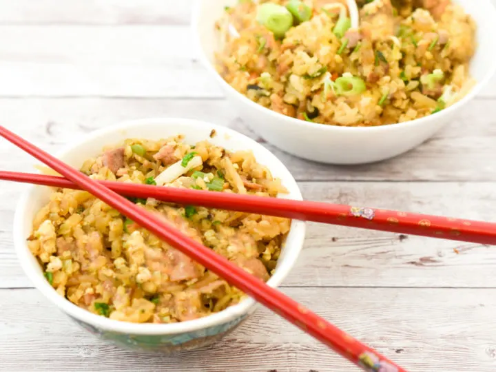 two small bowls of chicken cauliflower rice