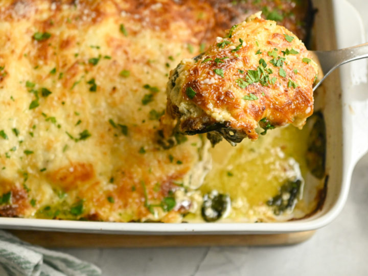 Keto spinach chicken casserole being served