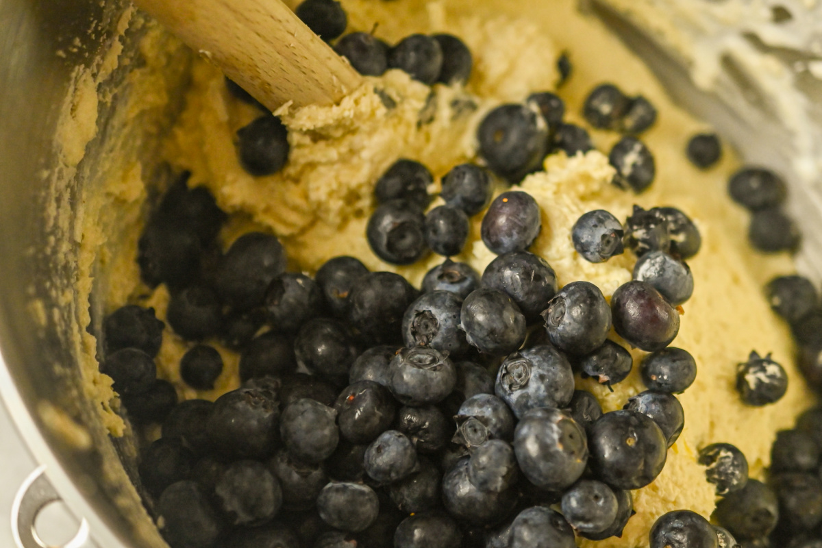 blueberries folded into a keto coconut flour blueberry batter