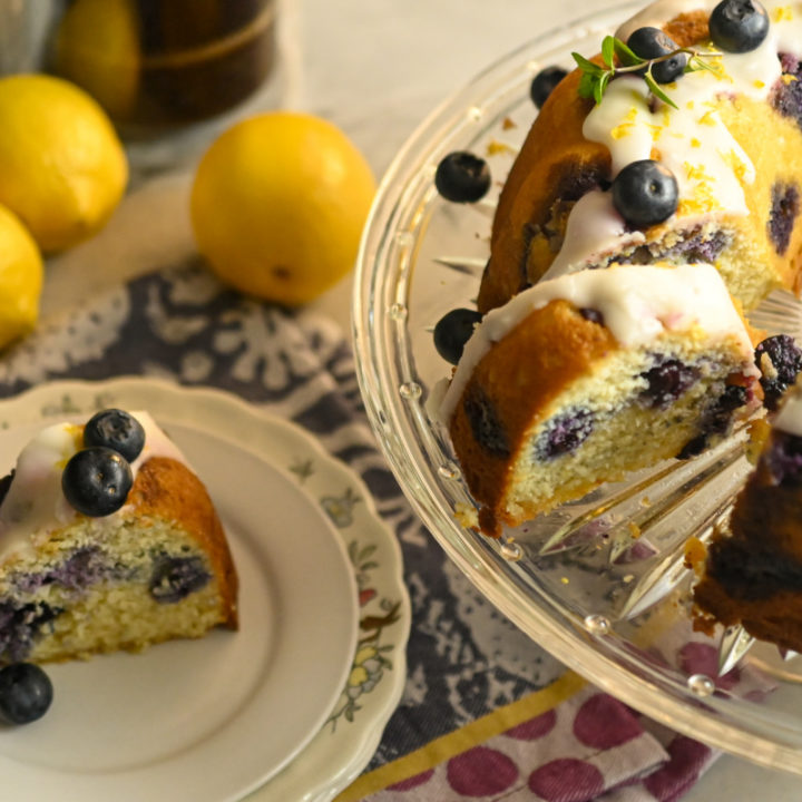 keto blueberry cake decorated with lemons