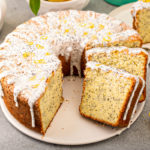 keto poppy seed lemon bundt cake sliced