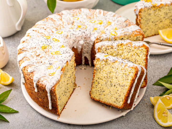 keto poppy seed lemon bundt cake sliced