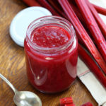 keto stewed rhubarb compote in small jars