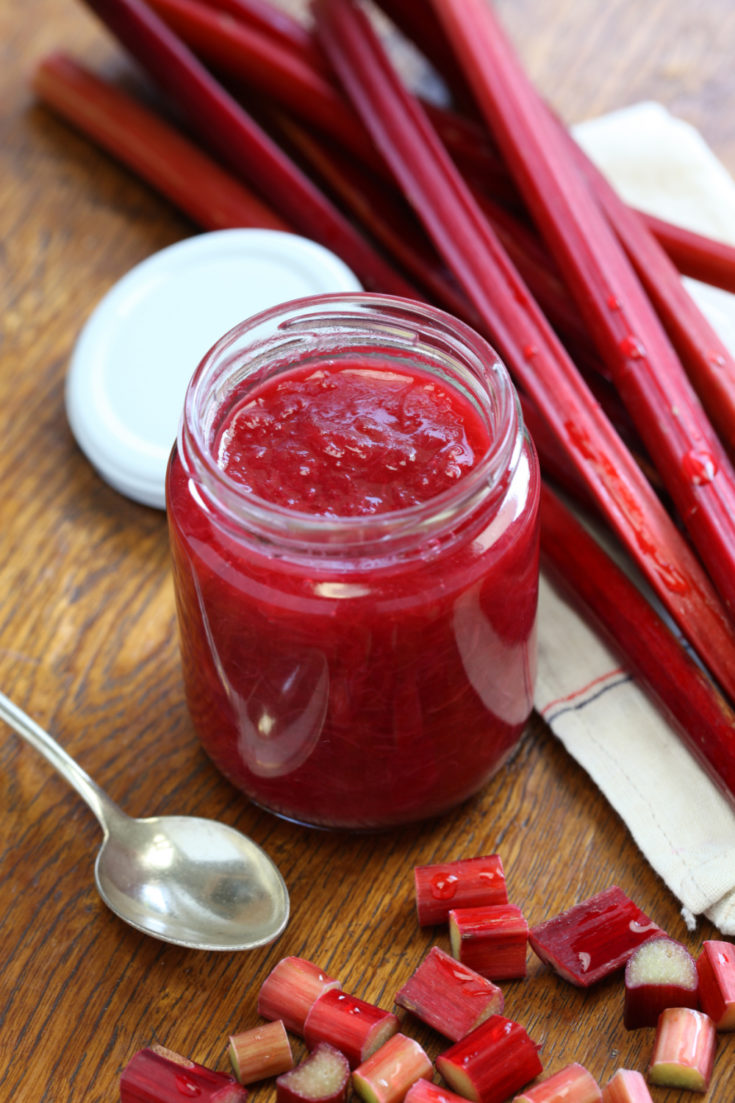 keto stewed rhubarb compote in small jars