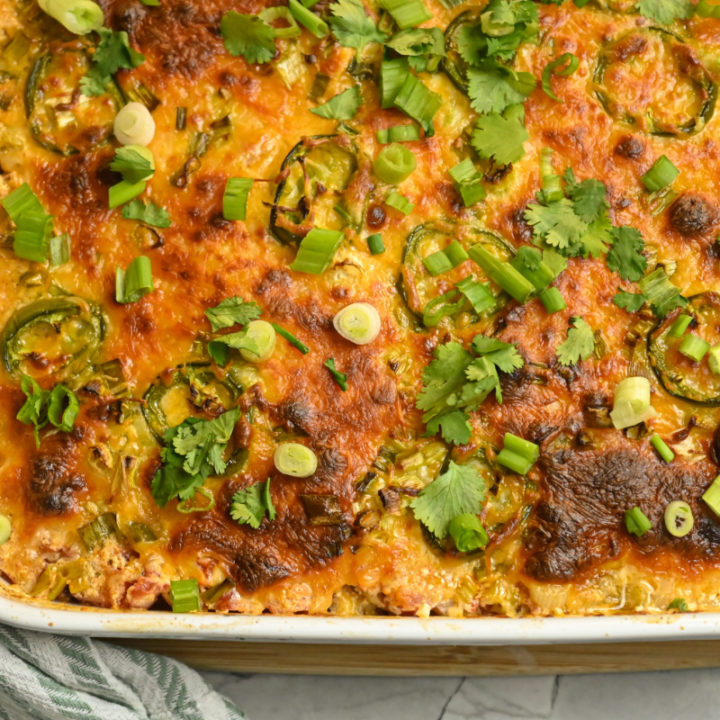 Keto Chicken Taco Casserole baked in a large baking dish