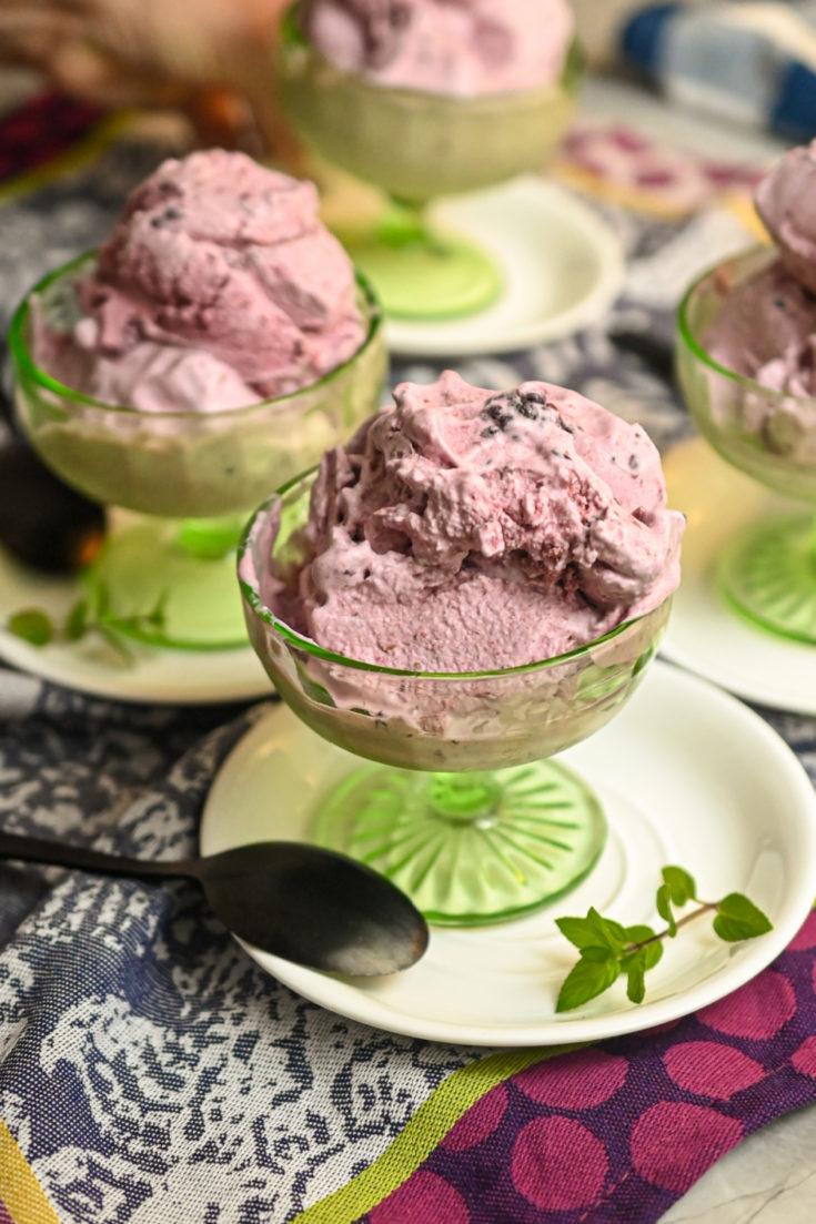 keto blackberry ice cream served in vintage green glassware