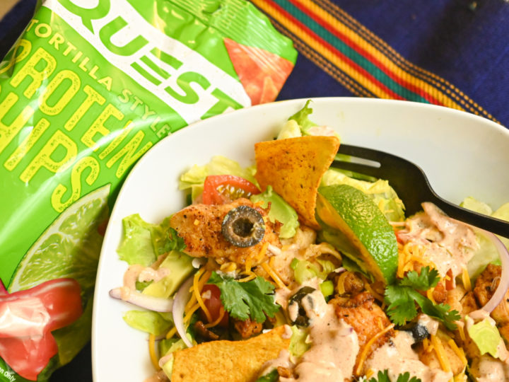 keto chicken taco salad with quest protein chips