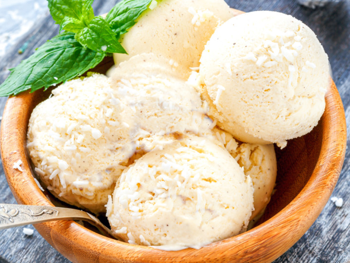 keto coconut ice cream served in a wooden dish