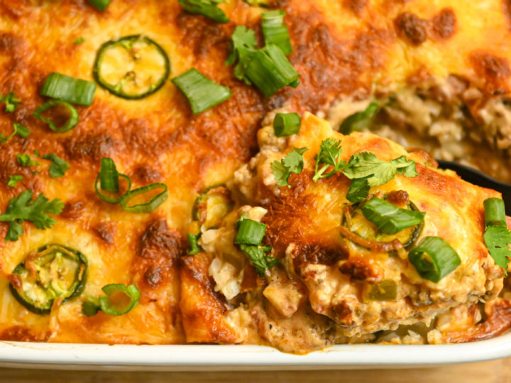 keto ground beef taco casserole baked in a white rectangle baking pan