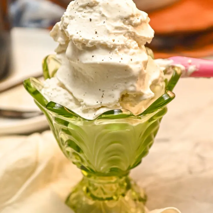 keto vanilla ice cream served in a green antique ice cream dish