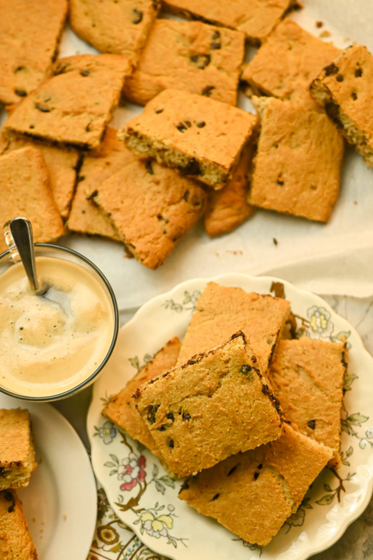 Keto chocolate chip bars served with a cup of coffee