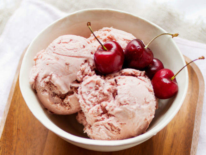 homemade keto cherry ice cream served in a white dish