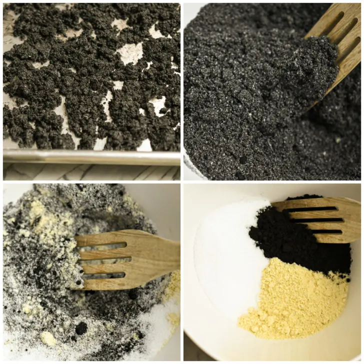 keto Oreo cookie crumbs process pictures