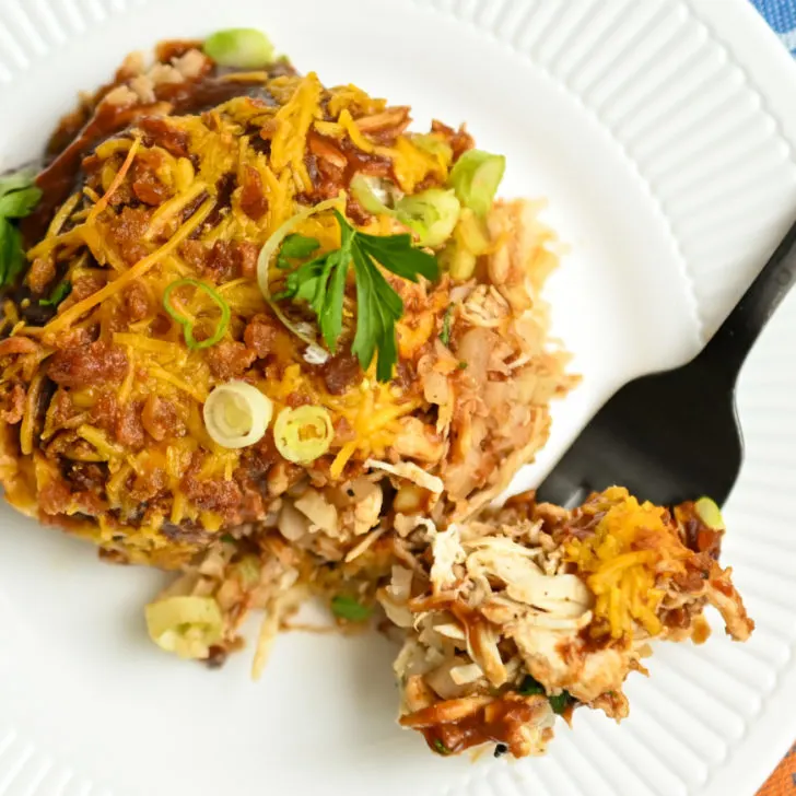 keto bbq chicken casserole served on a white plate