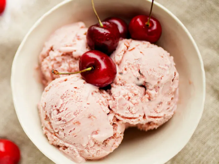 keto cherry ice cream served in a white bowl