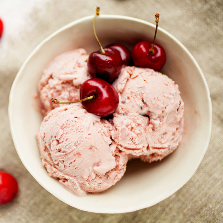 keto cherry ice cream served in a white bowl