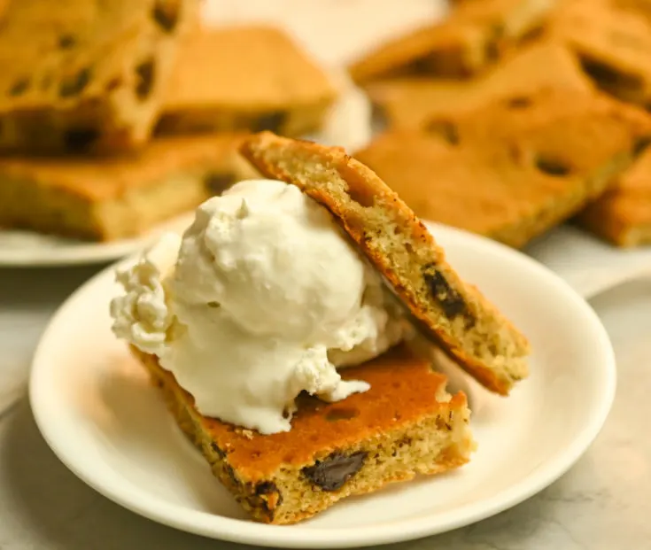 keto chocolate chip bars with a scoop of keto vanilla ice cream