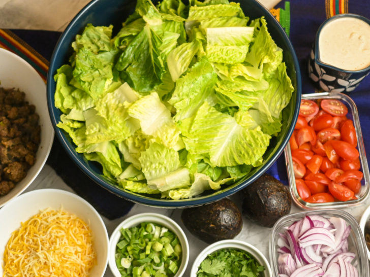 keto ground beef taco salad ingredients displayed