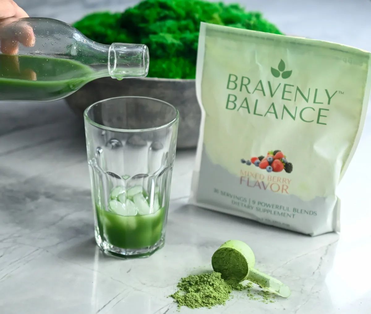 Bravenly Balance greens juice supplement mixed and ready to serve