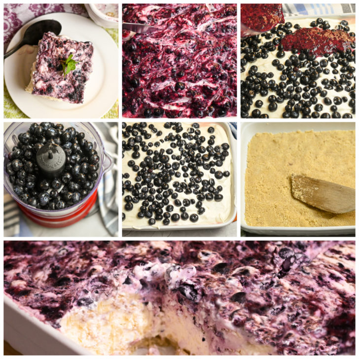 process pictures for a keto frozen no-bake blueberry cheesecake
