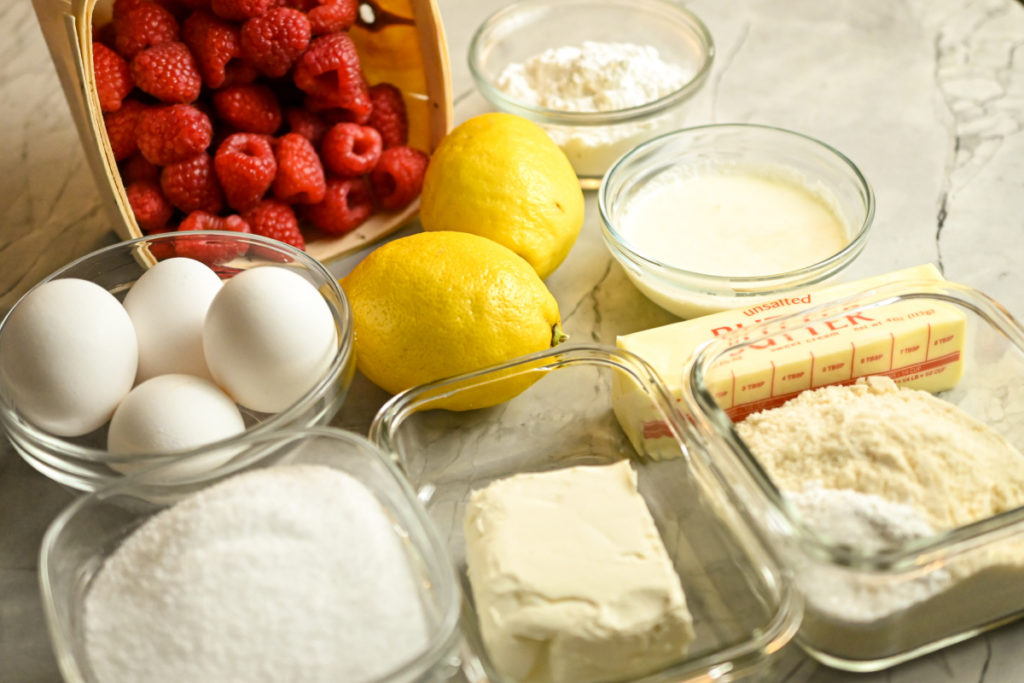 raspberry lemonade keto cookies ingredients displayed on a marble countertop