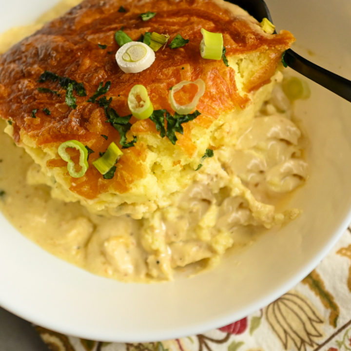 keto chicken cornbread casserole serve in small white bowl