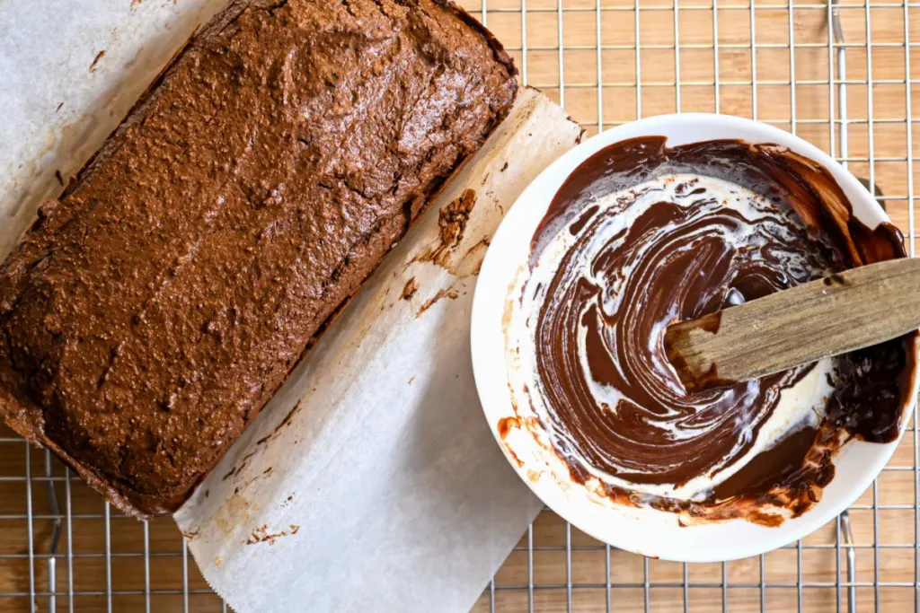 Keto-friendly chocolate ganache ready to be added to a keto chocolate pound cake