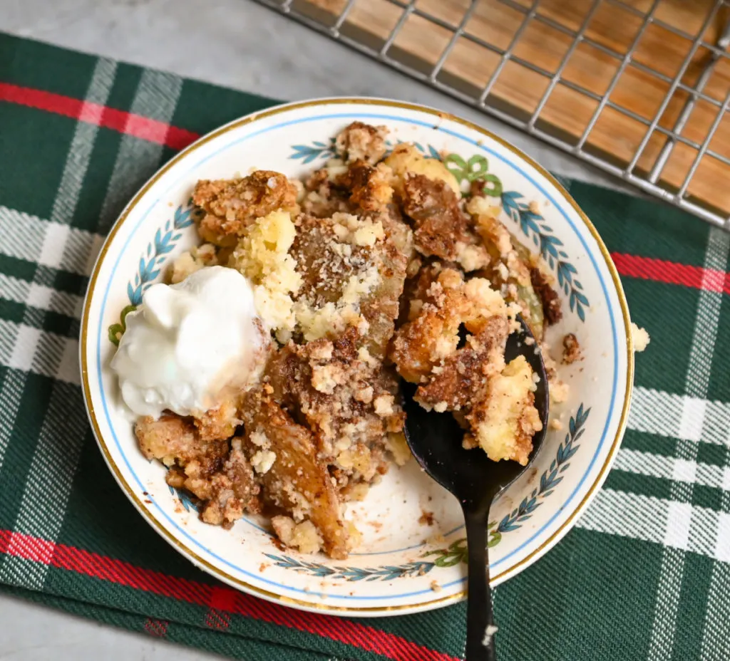 a serving of mock apple cobbler served in a small dessert dish