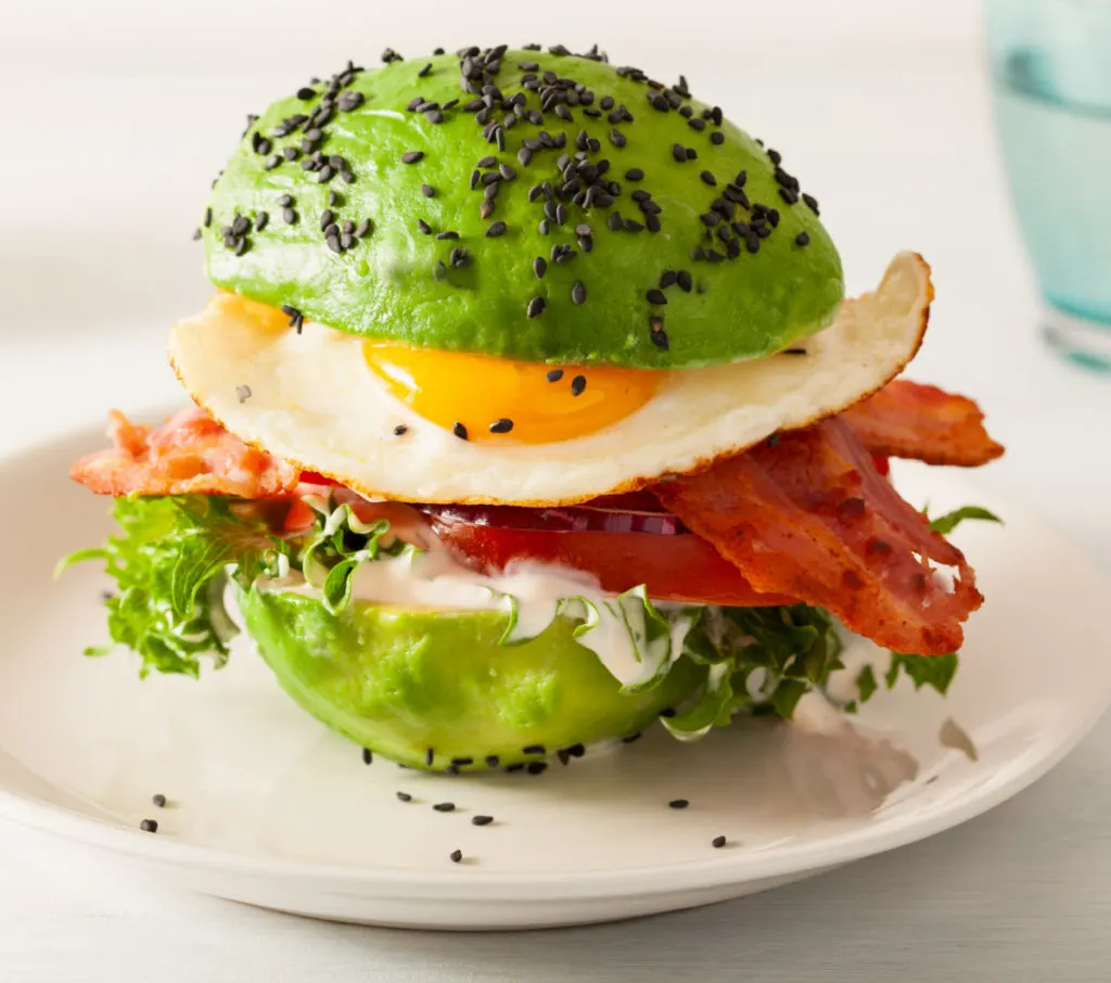 avocado burger with egg and bacon