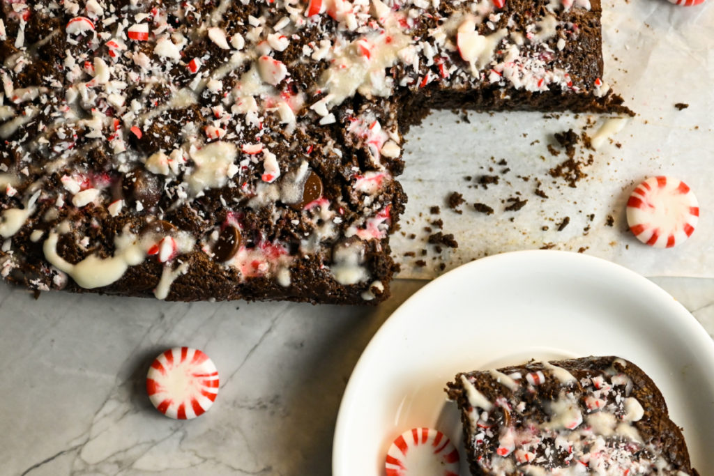 keto peppermint brownies being sliced