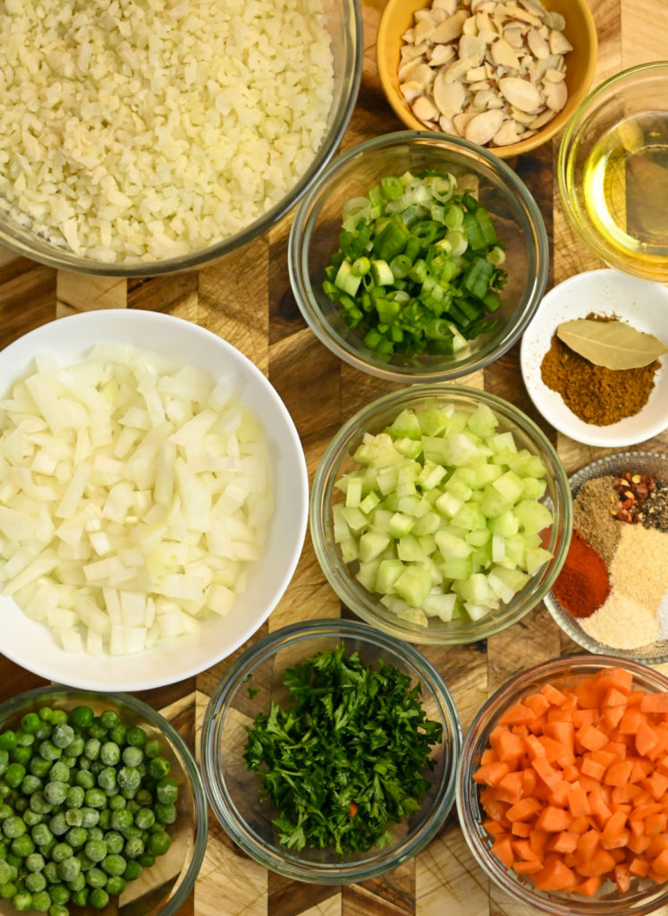 Ingredients needed to make a cauliflower rice pilaf