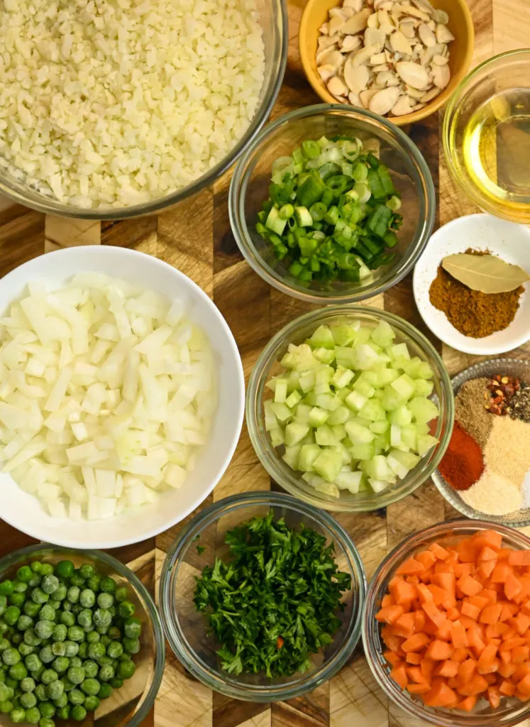 Ingredients needed to make a cauliflower rice pilaf