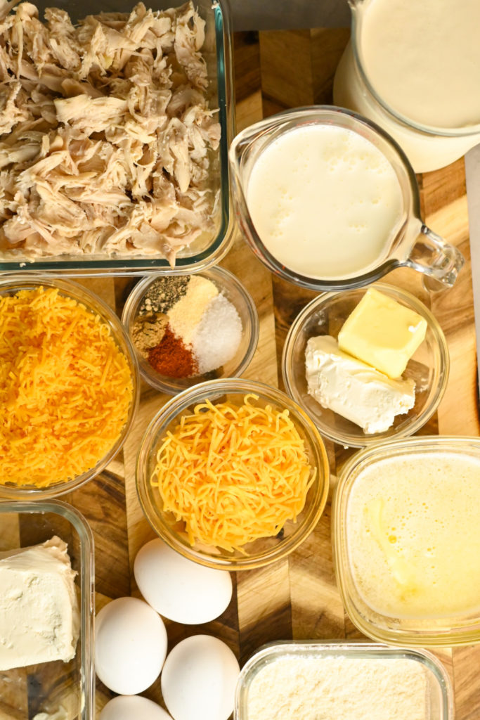 Ingredients needed to make a keto chicken cornbread casserole