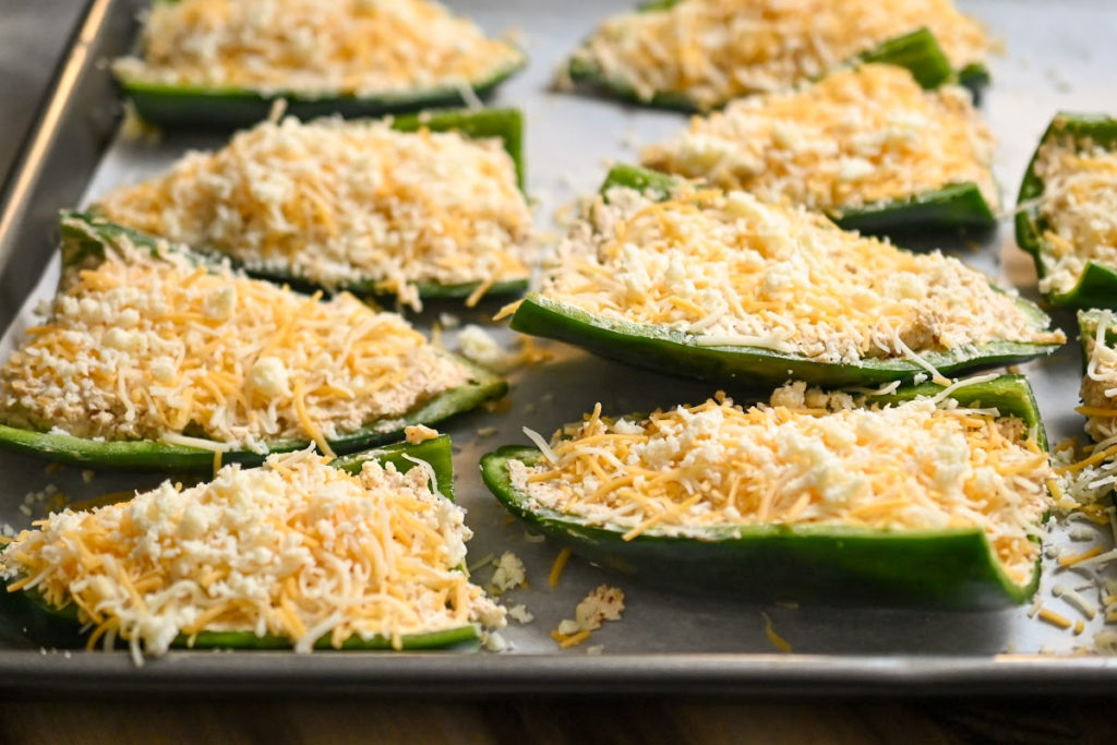 Stuffed keto poblano peppers ready to bake