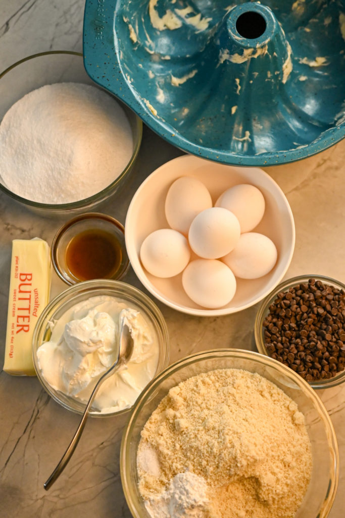 ingredients needed to make a keto chocolate chip bundt cake