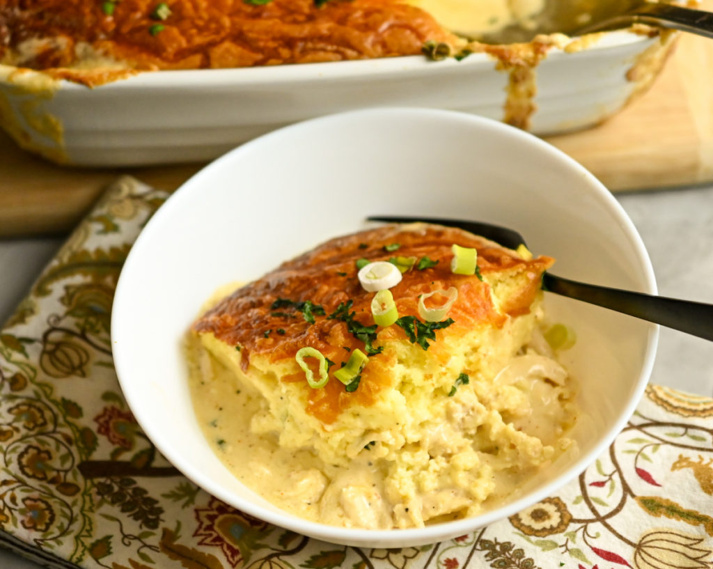 keto chicken cornbread casserole served in a white bowl