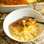 keto chicken cornbread casserole served in a white bowl